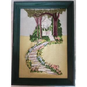 1950s Vintage Framed Finished Garden Gazebo Picture Needle Point Crewel 22x16"